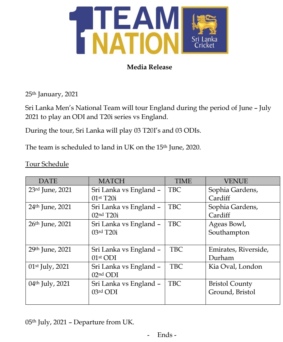 Sri Lankas next series schedule SL v Eng