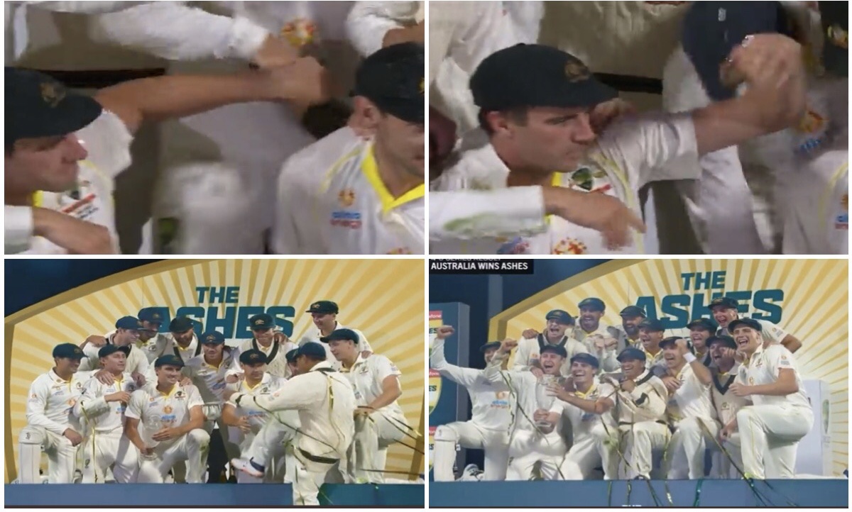 Watch: Great gesture by Pat Cummins, calls Usman Khawaja to celebrate with team; holds champagne shower